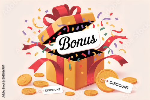 Surprise gift box revealing bonus with falling confetti and discount coins representing reward