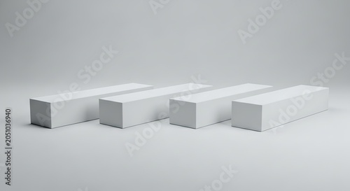 Minimalist white rectangular block podiums for product display.
