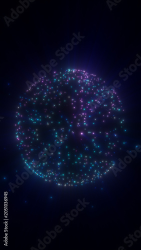 Abstract glowing particle sphere in dark space, symbolizing cosmic data, digital networks, energy, and futuristic technology.