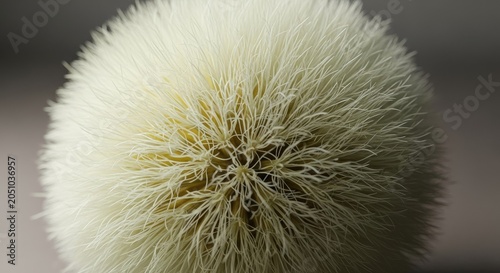 White fluffy dandelion seed head close up macro detail.