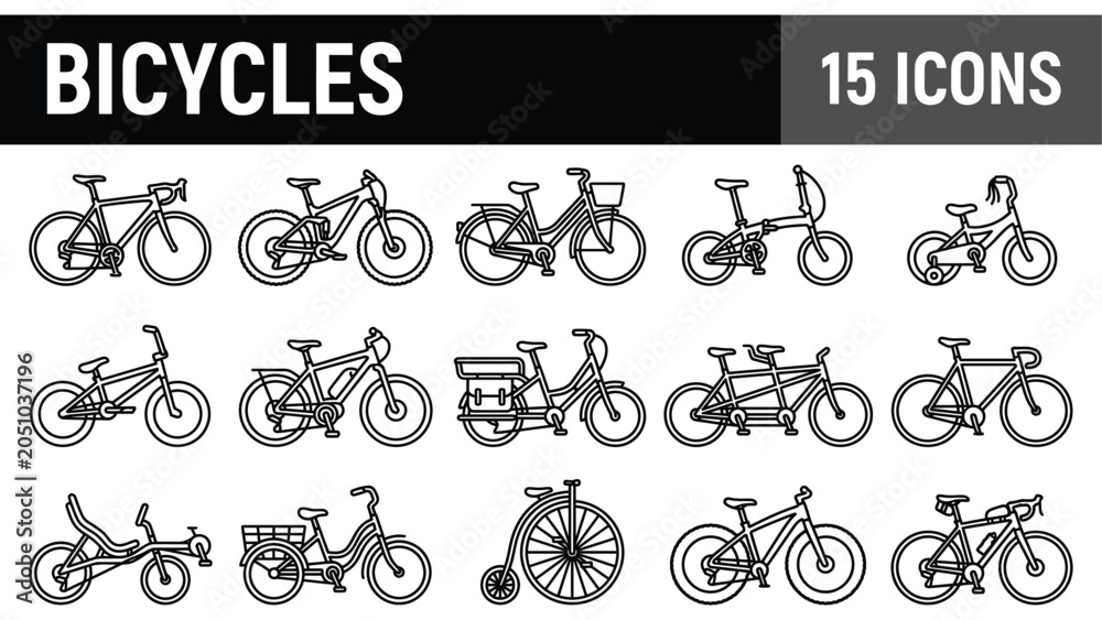 Naklejka premium Bicycle line icons set, 15 bike vector symbols, mountain and road bicycle collection for sports and transport apps