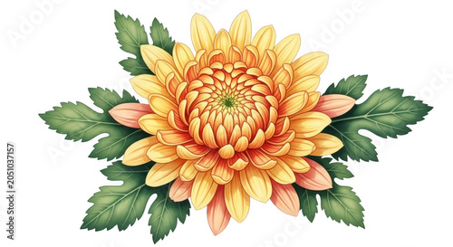 Chrysanthemum flower illustration featuring orange petals and green leaves arranged as a decorative botanical element isolated on transparent background