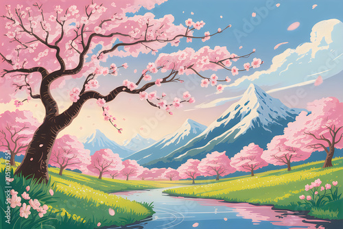 Beautiful spring landscape with blooming cherry blossom trees and snowcapped mountains under a blue sky