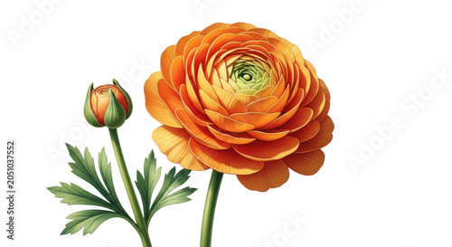 Orange ranunculus flower with a small bud and green leaves depicted in a highly detailed botanical illustration on transparent background
