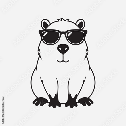 Cute Cartoon Capybara Vector Illustration Wearing Stylish Black Sunglasses and Sitting Peacefully Isolated on Light Background.
