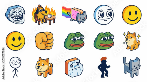 Fotografia Collection of popular internet memes and emojis, including Pepe the Frog, Doge, and Trollface