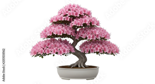 Bonsai tree blooming with vibrant pink azalea flowers in a decorative ceramic pot isolated on transparent background