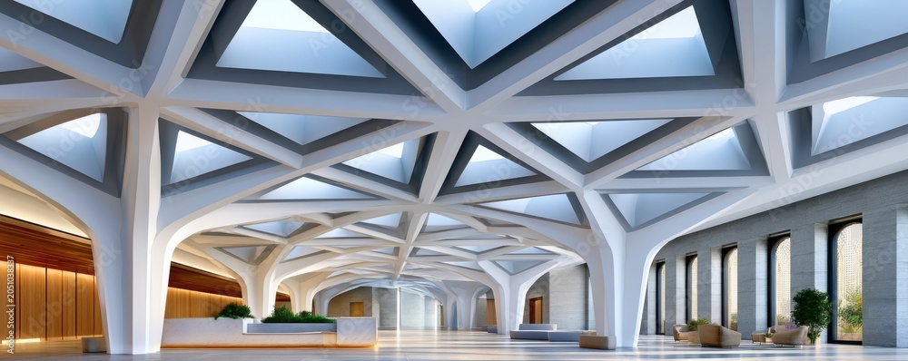 Fototapeta premium Modern white and gray vaulted atrium with geometric skylights and minimal lounge seating