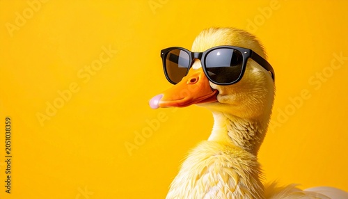 A duck wearing sunglasses poses against a yellow background indoors.