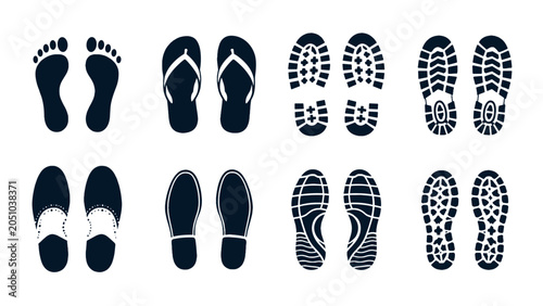 Valokuva Collection of footprints, sandals, shoes and sole print icons