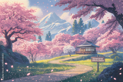 Beautiful anime style landscape featuring a winding path through blooming cherry blossom trees with snowcapped mountains in the background