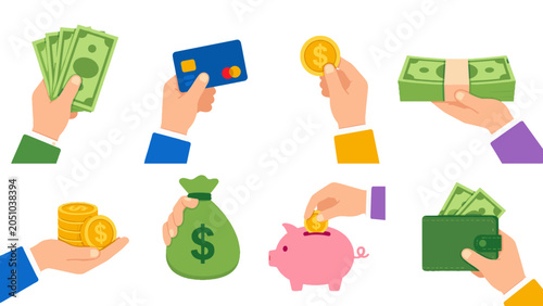 Set of hands holding cash card coins wallet and piggy bank