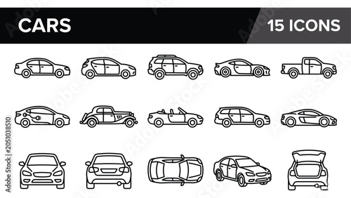 Modern car icons set, 15 vehicle line symbols for transportation, automotive sedan and suv vector graphics collection