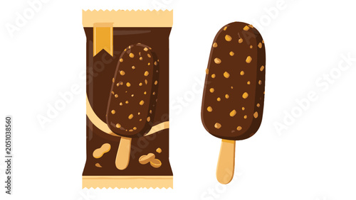 Chocolate coated ice cream bar with nuts and wrapper