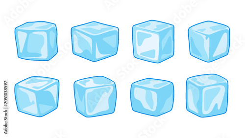 Set of blue ice cubes in glossy cartoon vector style