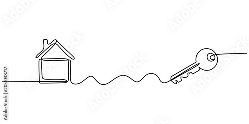 Continuous single line drawing of a house and a key