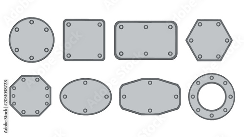 Set of gray metal plates and flanges in various geometric shapes