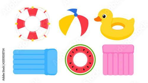 Foto Set of colorful inflatable pool floats and beach ball