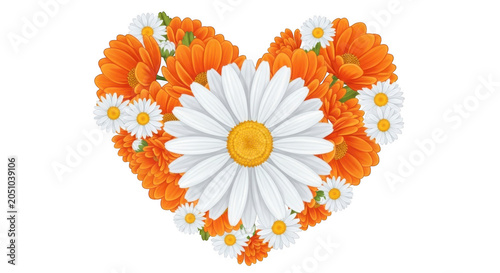Heart shape composed of beautiful orange marigold flowers and white daisies arranged as a floral decorative element on transparent background