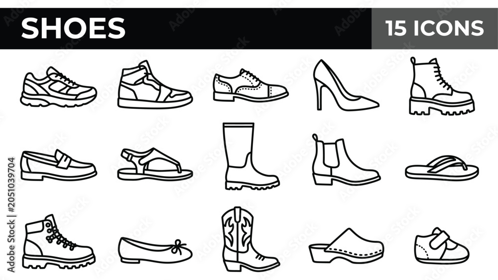 Obraz premium Minimalist shoes icon set with 15 vector line elements, modern footwear collection, black and white fashion shoe icons
