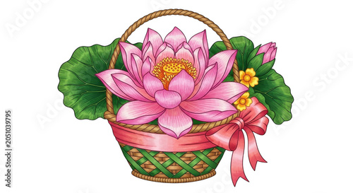 Lotus flower basket featuring beautiful pink floral arrangement with green leaves and decorative ribbon bow on transparent background