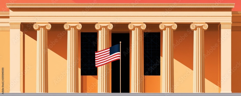 Fototapeta premium Neoclassical building with cream colonnade and American flag in warm light