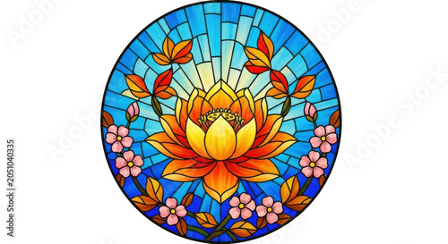 Stained glass lotus flower illustration featuring vibrant colorful petals and decorative floral elements arranged in a circular design on transparent background