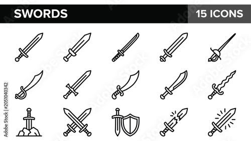 Schilderij op canvas Medieval swords line icon set, 15 ancient weapon vector symbols, fantasy blade a
