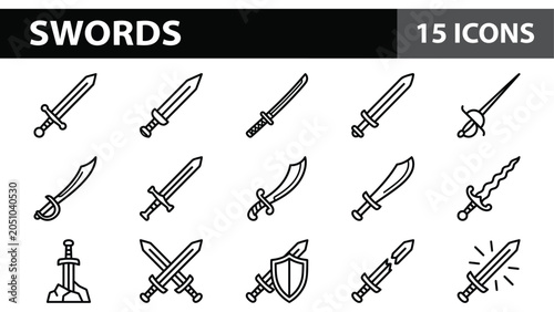Schilderij op canvas Medieval swords line icons, 15 ancient weapon vector elements, historical blade