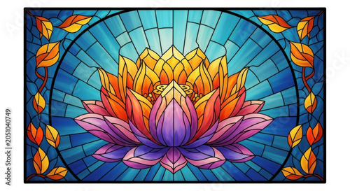 Stained glass lotus flower illustration featuring colorful vibrant petals and decorative vine patterns arranged artistically on transparent background