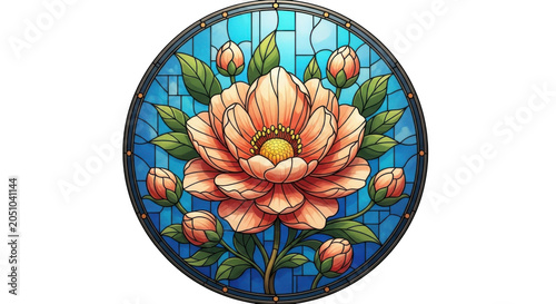 Stained glass flower illustration featuring a large blooming peony surrounded by green leaves inside a circular frame on transparent background