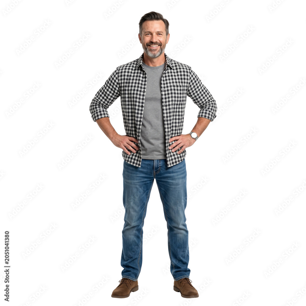 Fototapeta premium Smiling Man in Plaid Shirt and Jeans Standing Confidently - Isolated on White