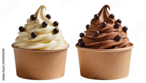 Two soft serve ice cream cups vanilla and chocolate, with chocolate balls