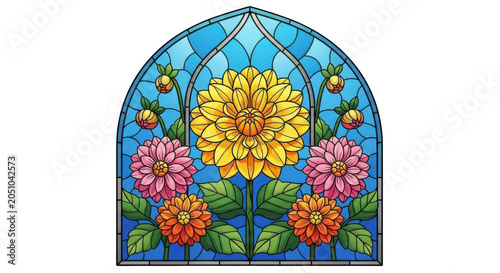 Stained glass window featuring beautiful colorful dahlia flowers with green leaves and blue sky elements on transparent background