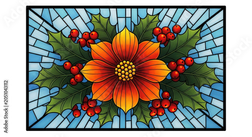Stained glass poinsettia flower with holly leaves and red berries in a decorative seasonal holiday pattern on transparent background