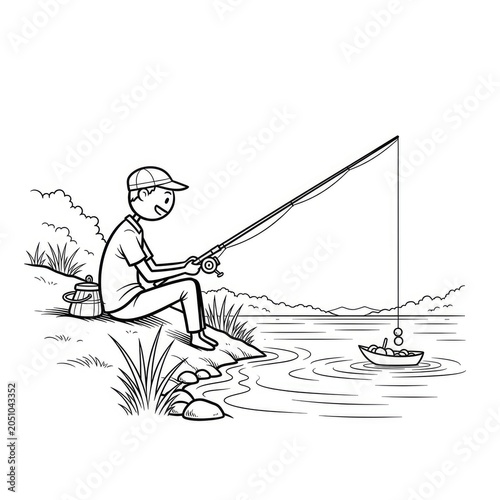 Man fishing by serene lake shore.