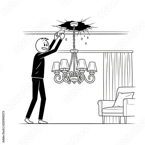 Man fixing broken ceiling light fixture.