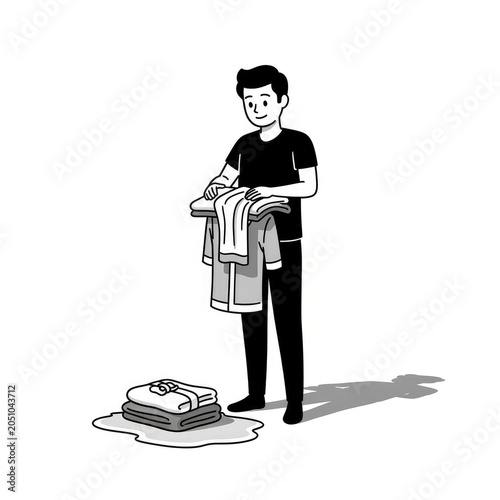 Man folding and holding clean laundry.