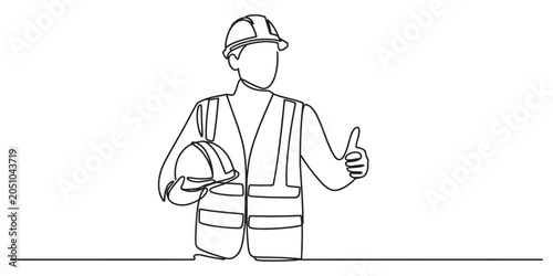 Continuous line drawing of a construction worker giving a thumbs up