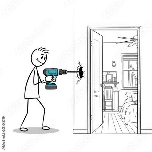 Man drilling hole in bedroom wall.