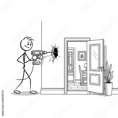 Man drilling hole through wall with power drill.