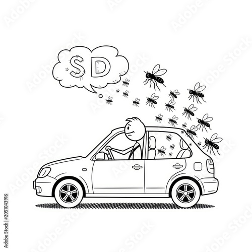 Man driving car with swarming insects.