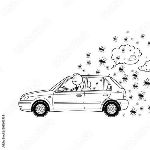 Man driving car with bee swarm.