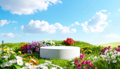 Abstact 3d render spring scene and Natural podium background,  White stone podium on the colorful flowers and grass field, backdrop clear blue sky for product display advertising or etc