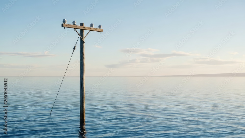 Obraz premium Lone electric pole standing in calm blue ocean.