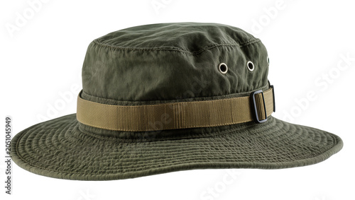 Olive green canvas boonie hat with tan strap and metal eyelets