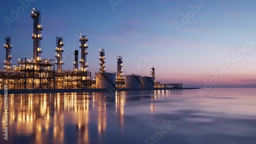 Massive industrial chemical and petrochemical oil refinery production plant illuminating bright at night, industry concept