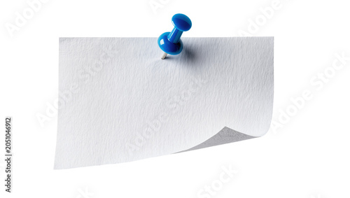 Blue thumbtack holding white textured paper note