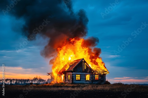 The roof of a rural home caves in with an explosive shower of sparks, a pivotal moment of destruction captured in the heart of the inferno.