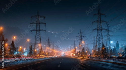 Nighttime Cityscape with Power Towers and Illuminated Roadway